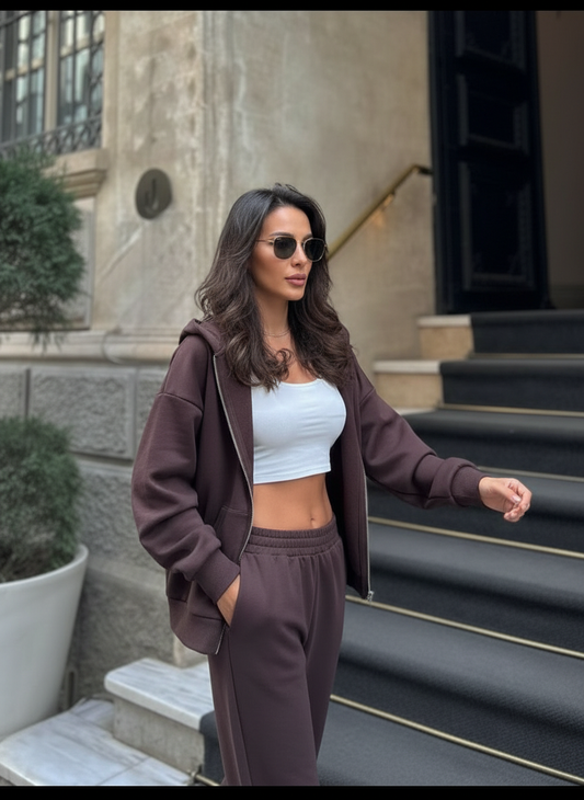 The Zip-Up & Palazzo Kahverengi Uzun Eşofman Takımı