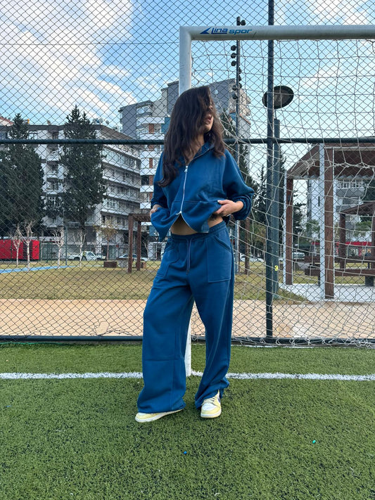 Mavi Crop Zip-Up & Palazzo Eşofman Takımı