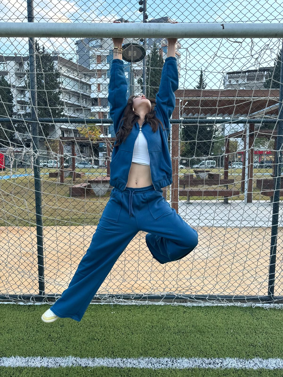 Mavi Crop Zip-Up & Palazzo Eşofman Takımı