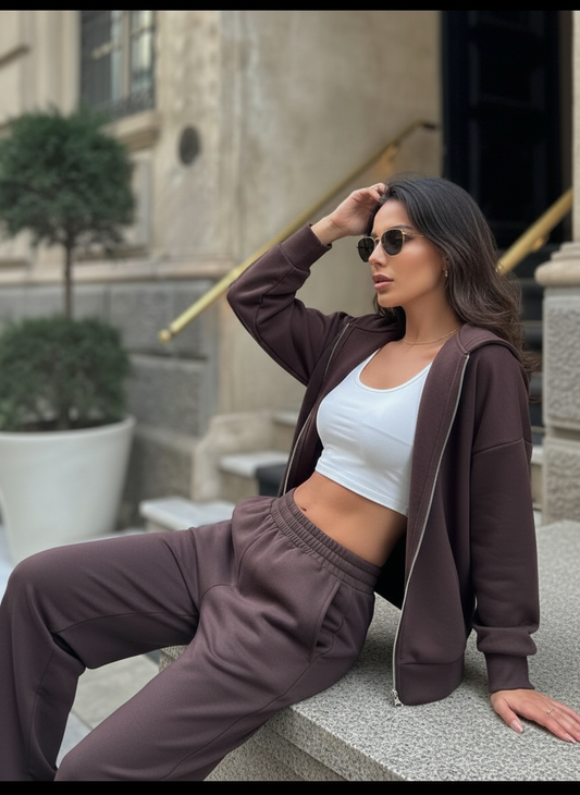 The Zip-Up & Palazzo Kahverengi Uzun Eşofman Takımı