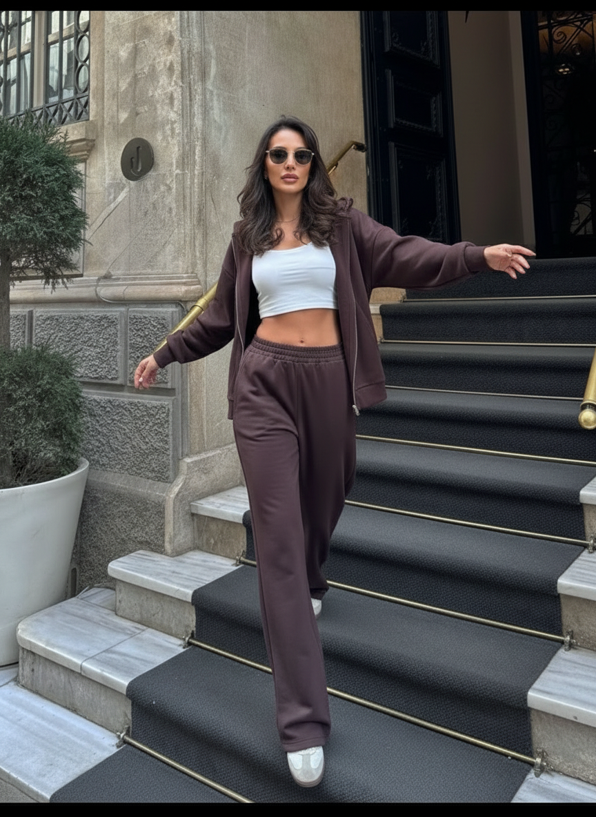 The Zip-Up & Palazzo Kahverengi Uzun Eşofman Takımı