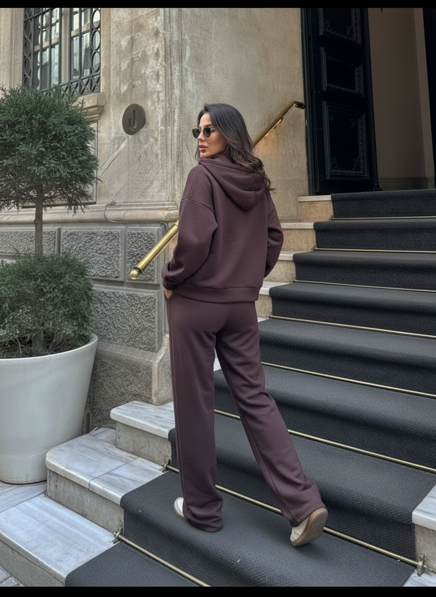 The Zip-Up & Palazzo Kahverengi Uzun Eşofman Takımı