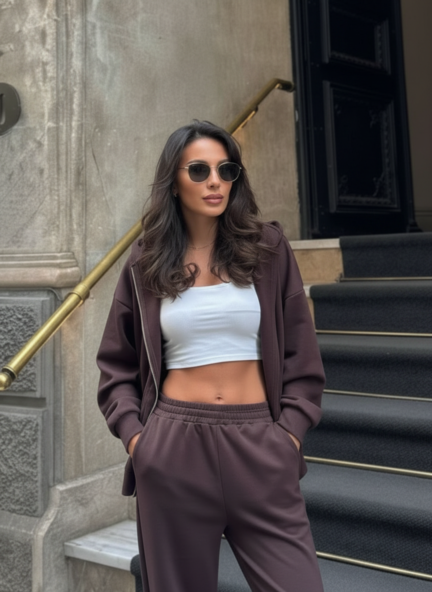 The Zip-Up & Palazzo Kahverengi Uzun Eşofman Takımı