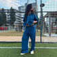 Mavi Crop Zip-Up & Palazzo Eşofman Takımı